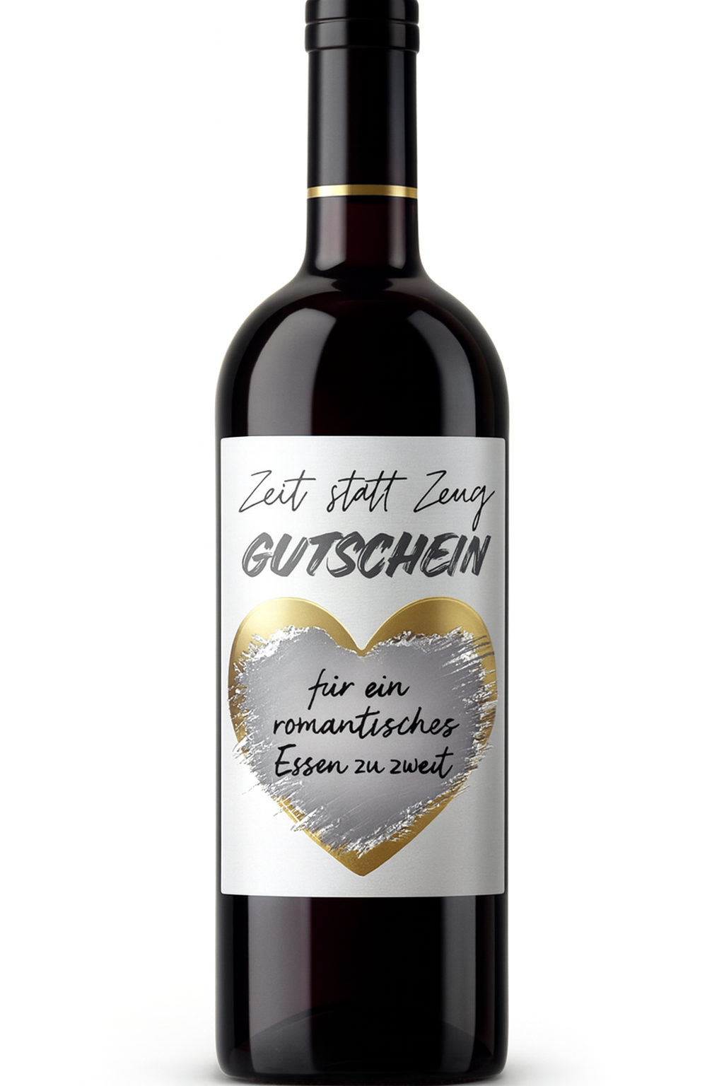 Weinflaschen-Etikett „Zeit statt Zeug“ – mit goldenem oder silbernem Rubbelherz