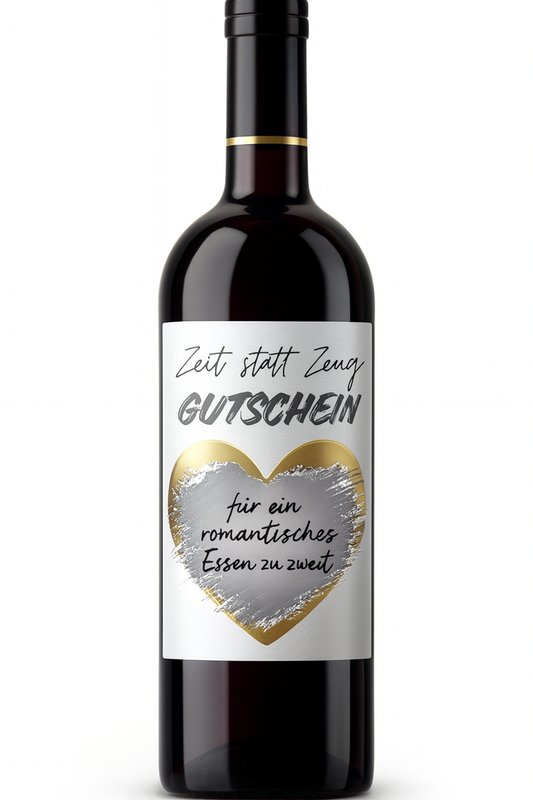 Weinflaschen-Etikett „Zeit statt Zeug“ – mit goldenem oder silbernem Rubbelherz