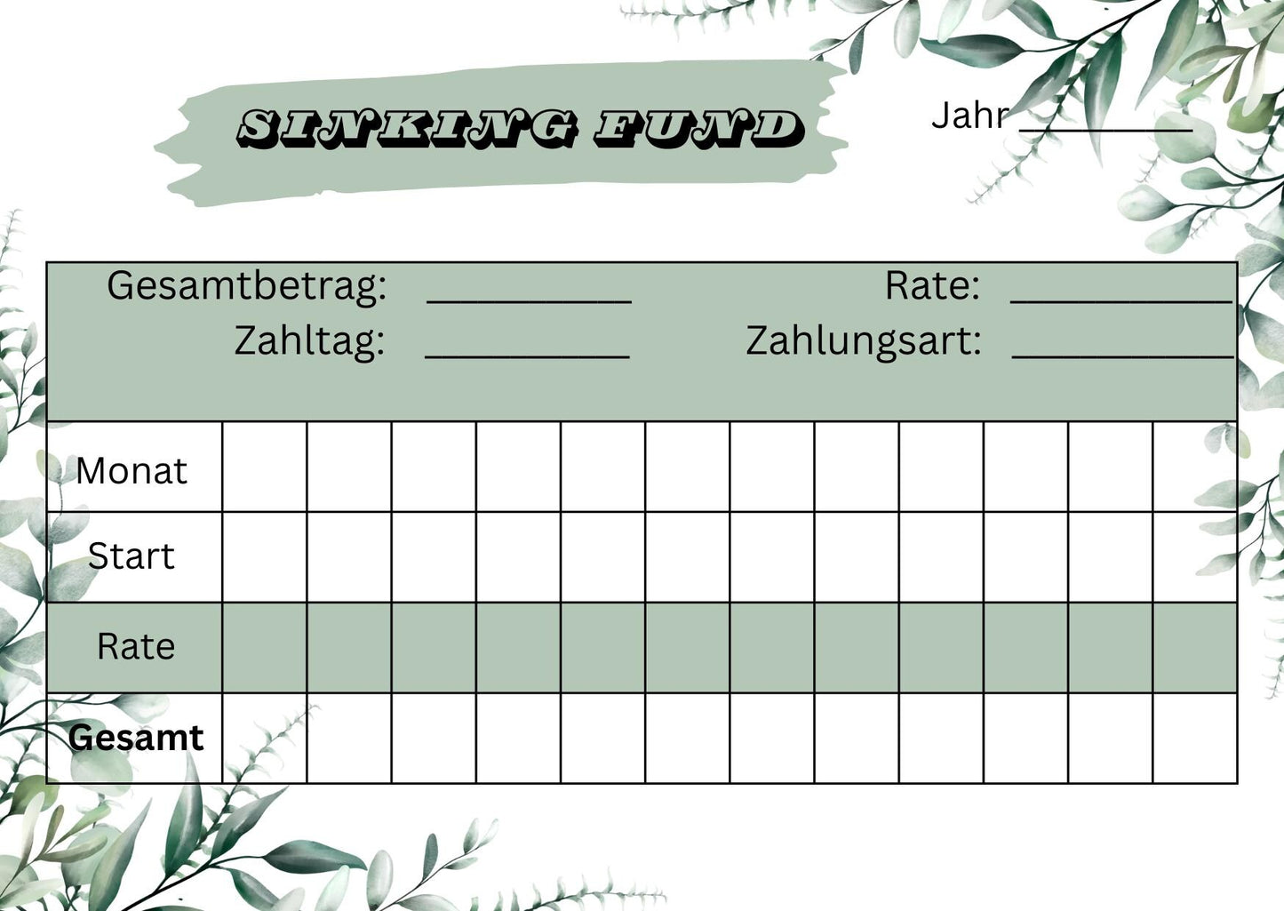 Sinking Fund Tracker für jährliche Zahlungen A6 Format (4/8 oder 12 Stück)