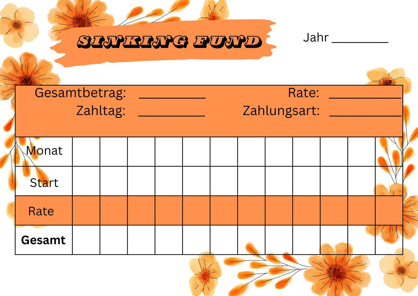 Sinking Fund Tracker für jährliche Zahlungen A6 Format (4/8 oder 12 Stück)
