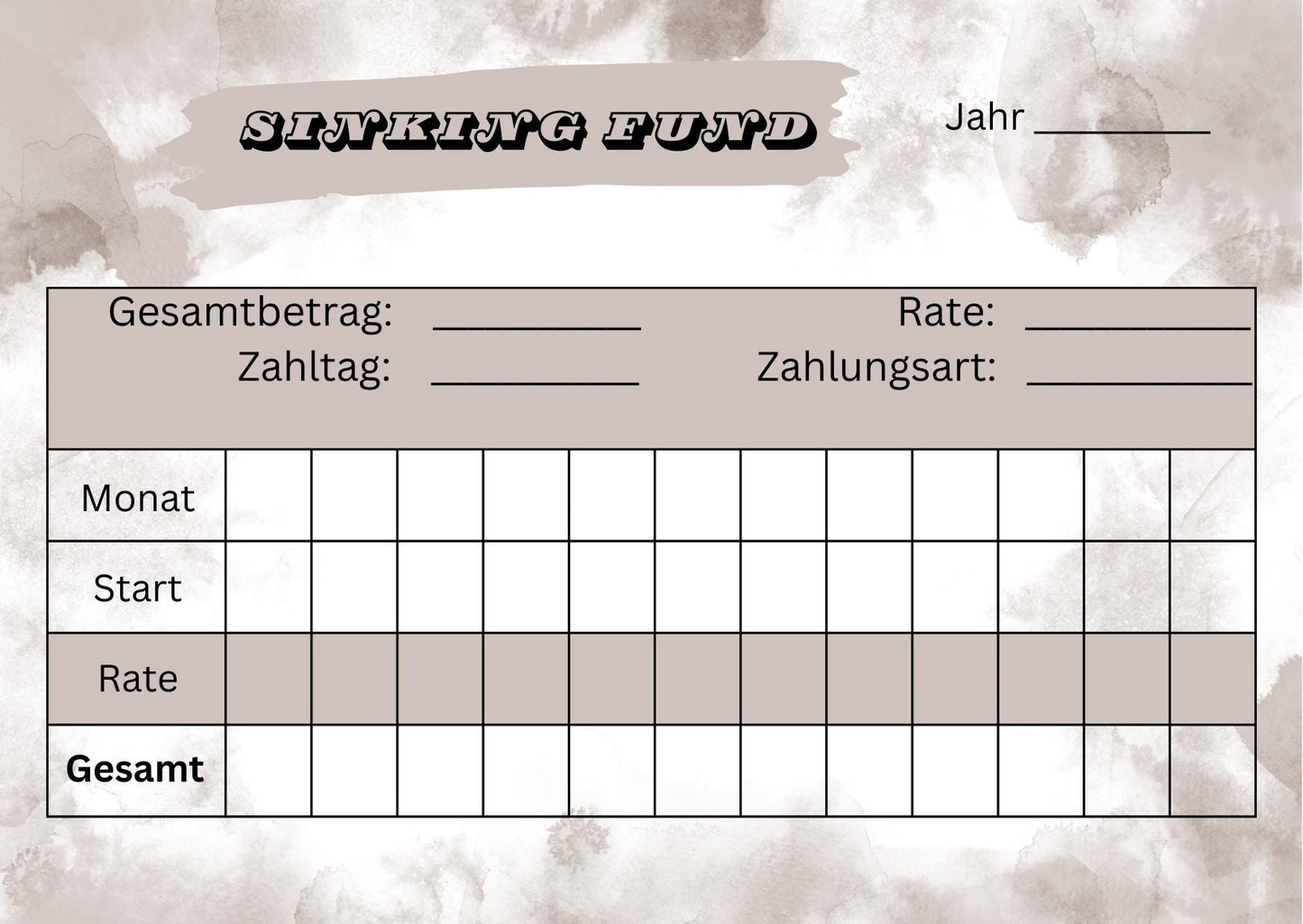 Sinking Fund Tracker für jährliche Zahlungen A6 Format (4/8 oder 12 Stück)