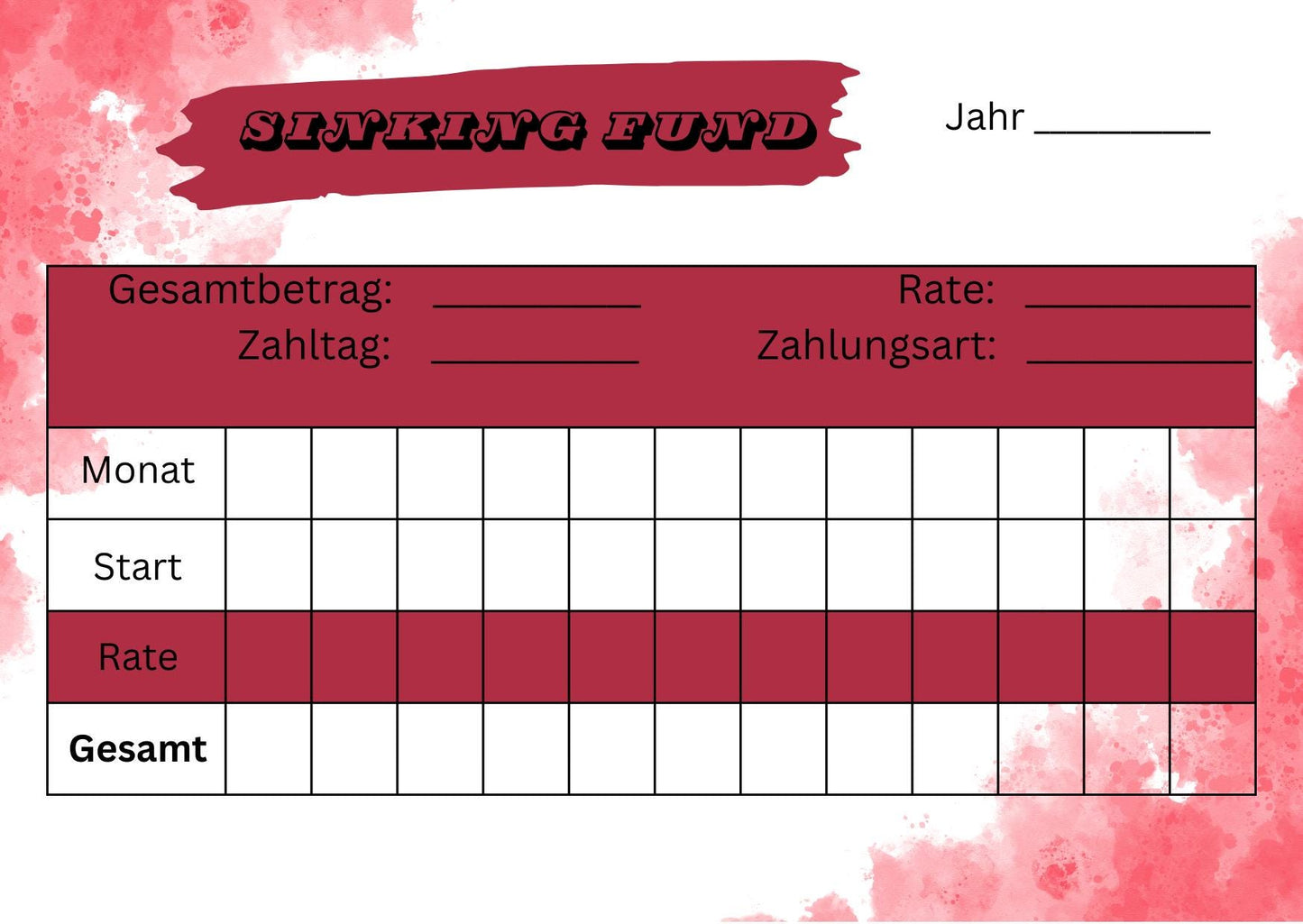 Sinking Fund Tracker für jährliche Zahlungen A6 Format (4/8 oder 12 Stück)