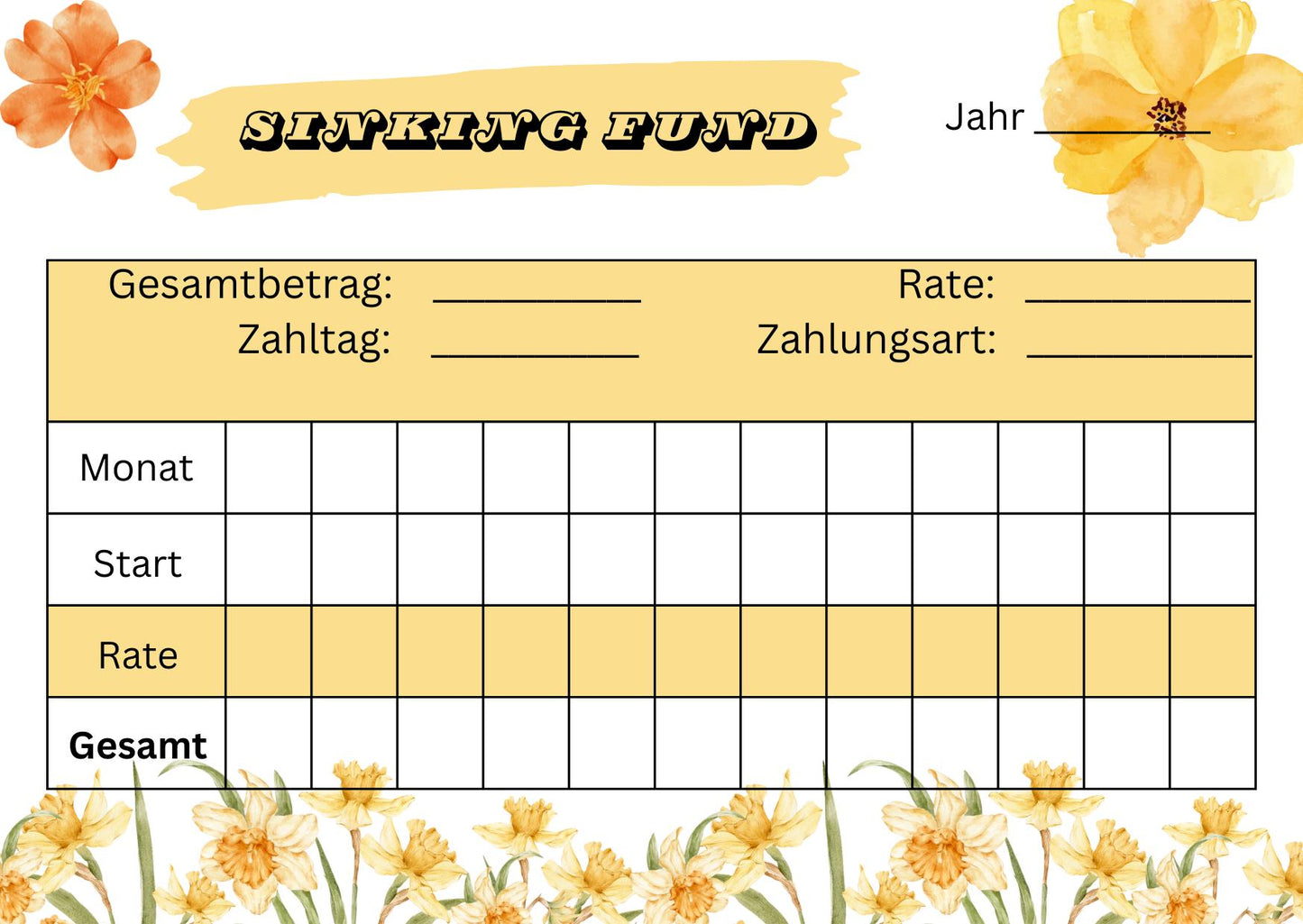 Sinking Fund Tracker für jährliche Zahlungen A6 Format (4/8 oder 12 Stück)